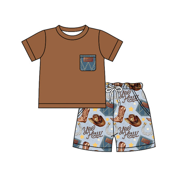 Pre-order BSSO1229 Boys brown short sleeve YEE HAW shorts outfits（Deadline Jan.14）