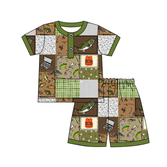 Pre-order BSSO1231 Boys green fish short sleeve checked shorts outfits（Deadline Jan.14）