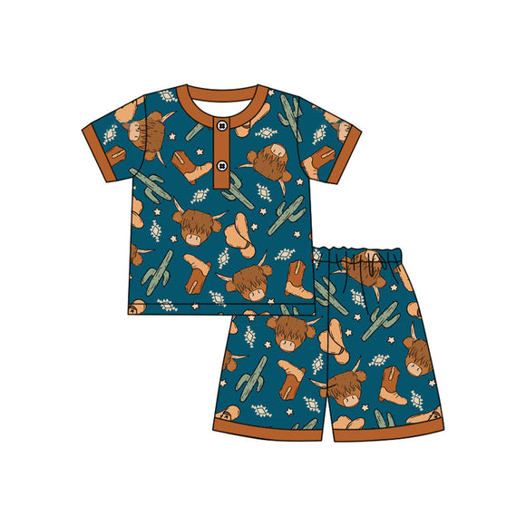 Pre-order BSSO1232 Boys brown bull cactus short sleeve shorts outfits（Deadline Jan.14）