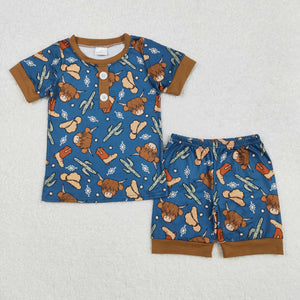 BSSO1232 Boys brown bull cactus short sleeve shorts outfits