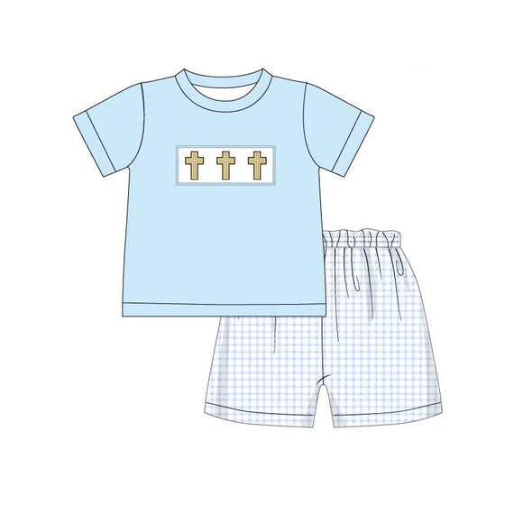 Pre-order BSSO1234 Boys crosing blue short sleeve checked  shorts outfits（Deadline Jan.14）