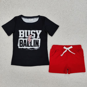 BSSO1318 Boys BUSY BALLIN black short red shorts outfits