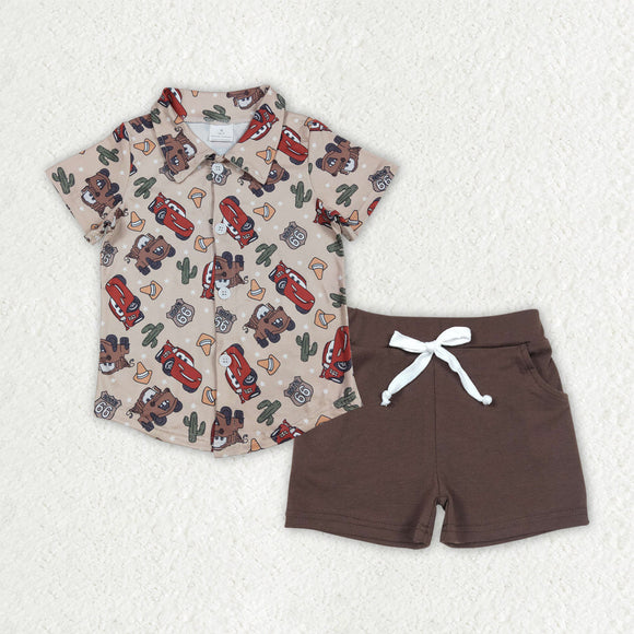 BSSO1436 Boys short sleeve cartoon car brown shorts outfits