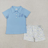 BSSO1494 Boys blue short sleeve embroidered car shorts outfits