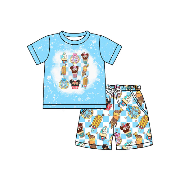 Pre-order BSSO1509 Boys blue short sleeve ice cream checkered shorts outfits（Deadline May.5）