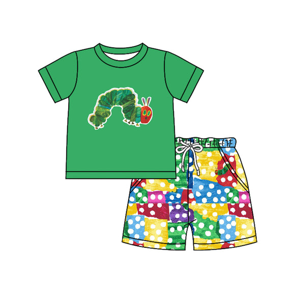 Pre-order BSSO1510 Boys green short sleeve caterpillar dot shorts outfits（Deadline May.5）