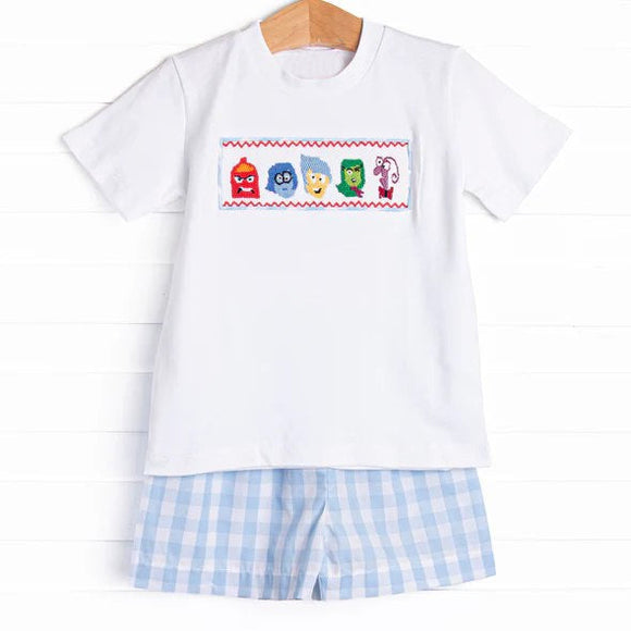 Pre-order BSSO1516 Boys white cartoon short sleeve blue checkered shorts outfits（Deadline May.6）