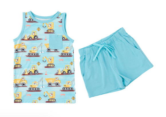 Pre-order BSSO1519  Boys blue sleeveless tractor shorts outfits（Deadline May.9）