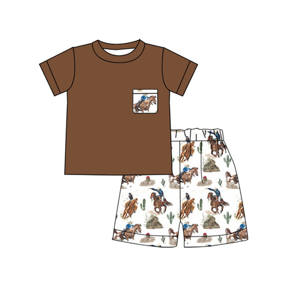 Pre-order BSSO1520  Boys brown short sleeve horse shorts outfits（Deadline May.9）