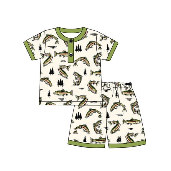 Pre-order BSSO1528 Boys green short sleeve fish shorts outfits（Deadline May.15）