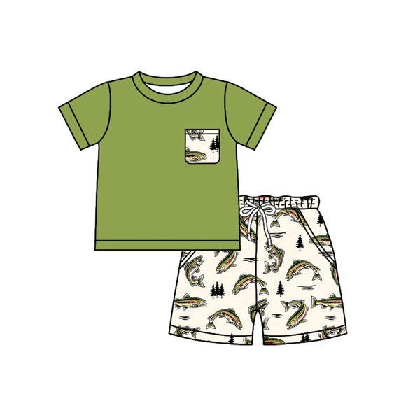 Pre-order BSSO1529 Boys green pocket short sleeve fish shorts outfits（Deadline May.15）