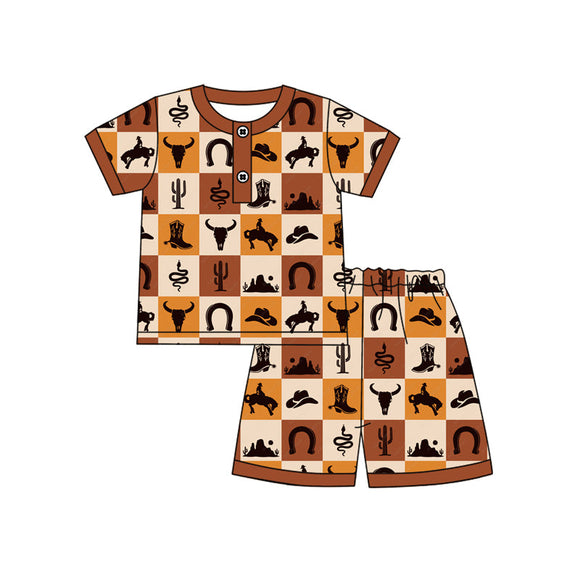 Pre-order BSSO1530 Boys brown short sleeve cow checkred shorts outfits（Deadline May.15）