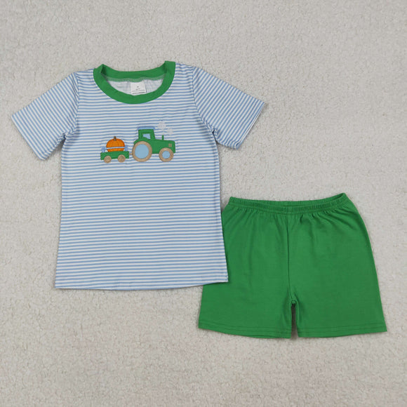 BSSO1549 Boys embroidered pumpkin stripe blue green shorts outfits