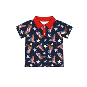 BT0535--pre order cow star 4th July red blue short sleeve shirt