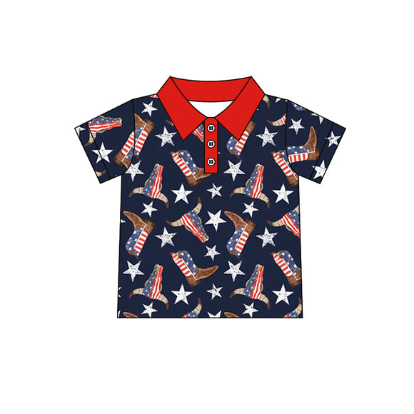 BT0535--pre order cow star 4th July red blue short sleeve shirt