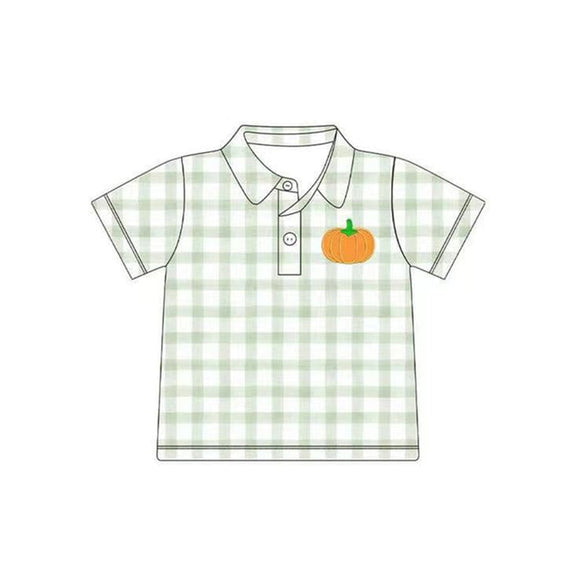 Green plaid short sleeves pumpkin boys polo fall shirt