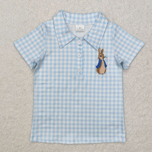 BT1095 Boys plaid blue embroidered bunny short sleeve shirt top