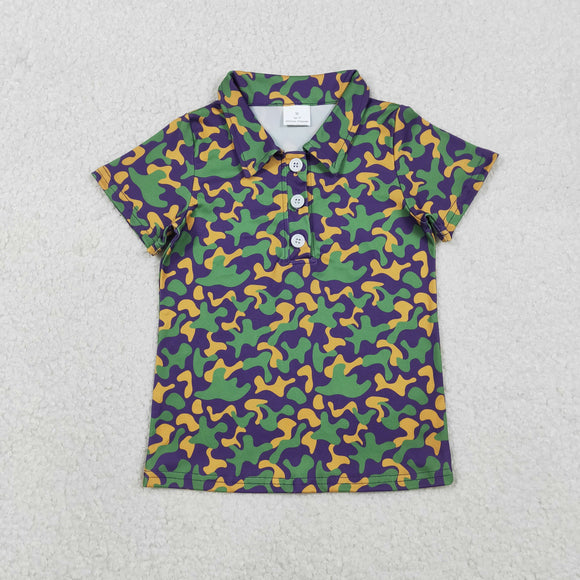 BT1498 Mardi Gras  baby boys camo button sleeve shirt top