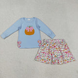 GLD1172 girls pumpkin bow blue long sleeve flower skirt outfits