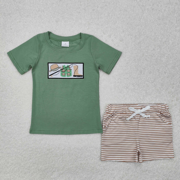 BSSO1154 Boys green embroidered fishing stripe shorts Outfits