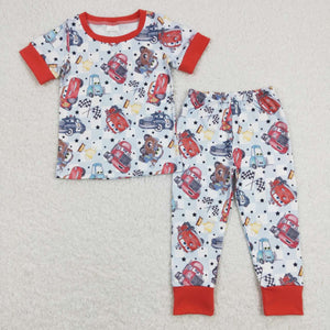 BSPO0315---Short sleeves plaid cars kids boys pajamas