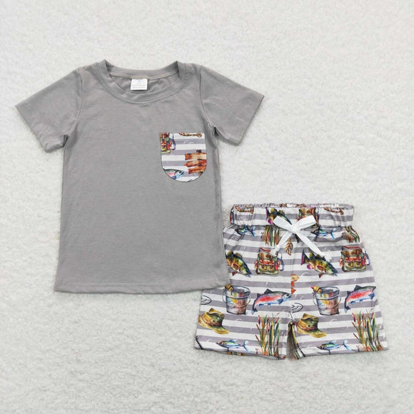 BSSO0481--  fish gray short sleeve shirt and shorts boy outfits