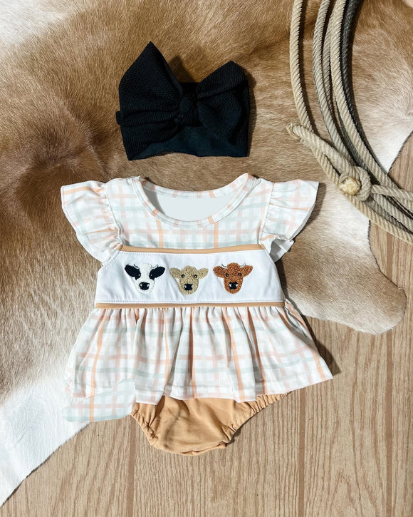 Flutter sleeves plaid cows baby girls romper