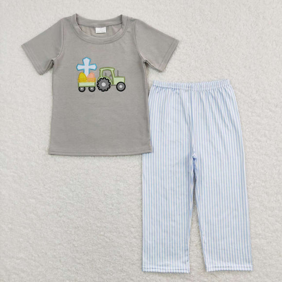 BSPO0194-short sleeve Easter embroidered tractor grey boy outfits