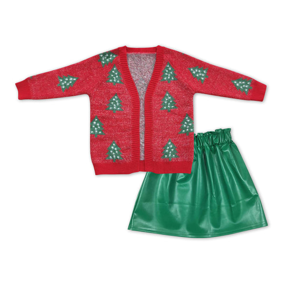 GLD0472--Christmas tree cardigan + Green leather skirt girls outfits