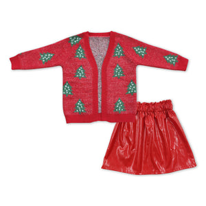 pre order  GLD0473--Christmas tree cardigan + red leather skirt girls outfits