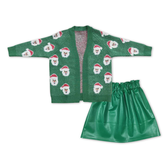 GLD0474--Christmas Santa cardigan + green leather skirt girls outfits