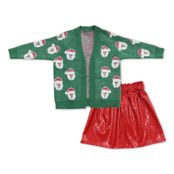 GLD0475--Christmas Santa cardigan + green leather skirt girls outfits