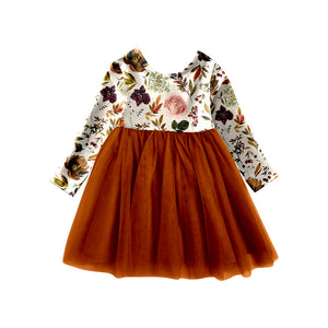 Deadline May 16 pre order Long sleeves brown floral girls fall tulle dresses