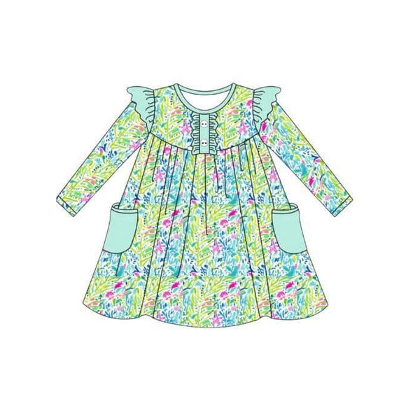 GSD0665 pre order long sleeve floral green girls dress