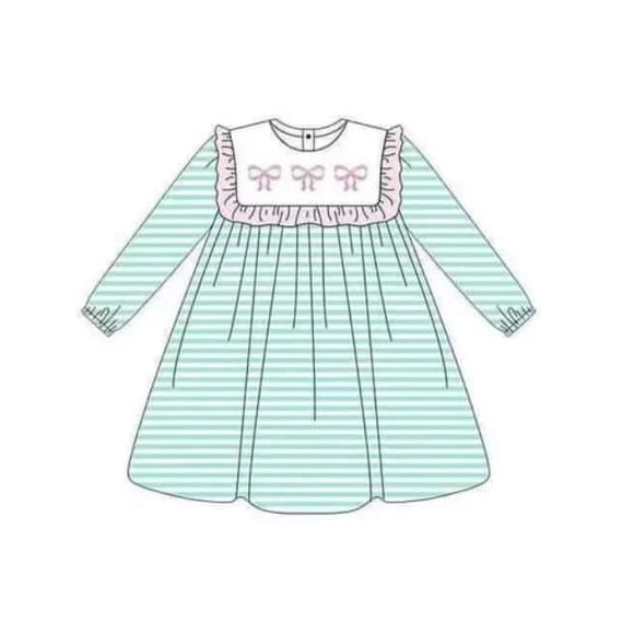 GLD0958 pre order long sleeve green stripe pink bow dress