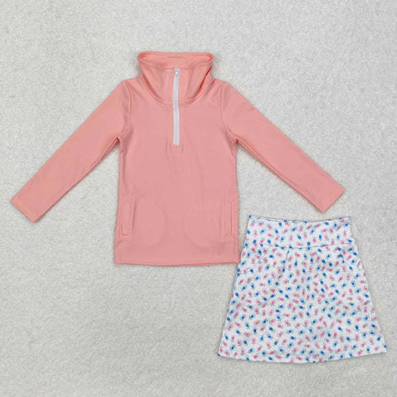 GLD0984 Girls pink pocket yoga zipper shirt skirt Outfits