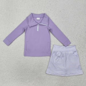 GLD0985 Girls purple pocket zipper shirt skirt yoga Outfits