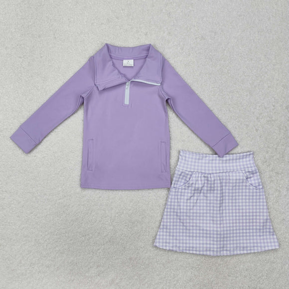 GLD0985 Girls purple pocket zipper shirt skirt yoga Outfits