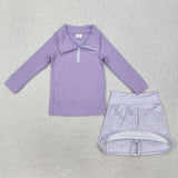 GLD0985 Girls purple pocket zipper shirt skirt yoga Outfits