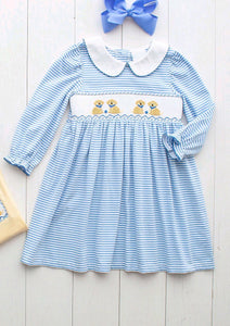 Pre-order GLD0992 baby Girls blue stripe puppy Dress ( Deadline Dec.27 )