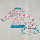 GLD1009 baby Girls green floral milk silk long shirt skirt outfits
