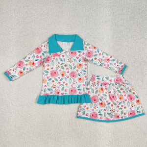 GLD1009 baby Girls green floral milk silk long shirt skirt outfits