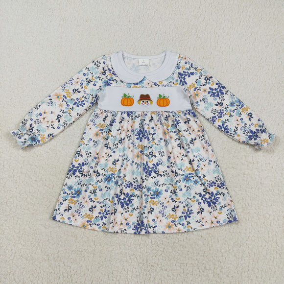GLD1071 baby girls Halloween embroidered Pumpkin blue flower dress