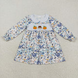 GLD1071 baby girls Halloween embroidered Pumpkin blue flower dress