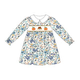 GLD1071 baby girls Halloween embroidered Pumpkin blue flower dress