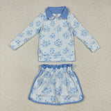 GLD1097 Baby girls blue flower zipper skirt outfits yoga
