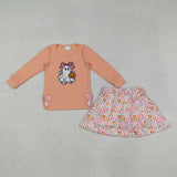 GLD1174 girls ghost bow pink embroidered orange long sleeve leopard skirt outfits