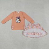 GLD1174 girls ghost bow pink embroidered orange long sleeve leopard skirt outfits