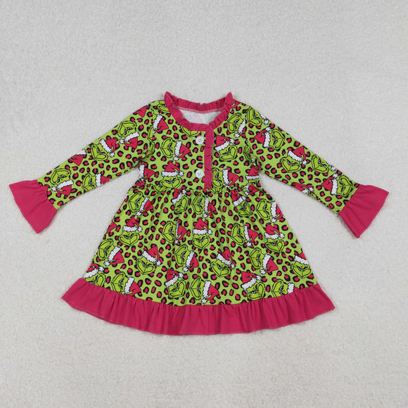 GLD1254 girls Christmas cartoon green floral long sleeve Dress ( Deadline Aug.22）