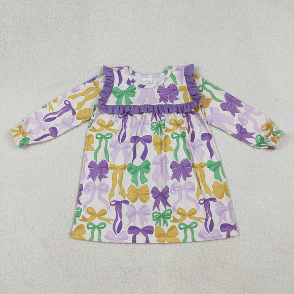 GLD1295  girls Mardi Gras long sleeve bow purple floral Dress 12/18M-7/8T